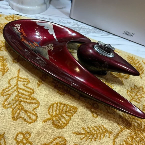 50’s CERAMIC ASHTRAY & LIGHTER Set oxblood MOP inlaid boomerang Japan